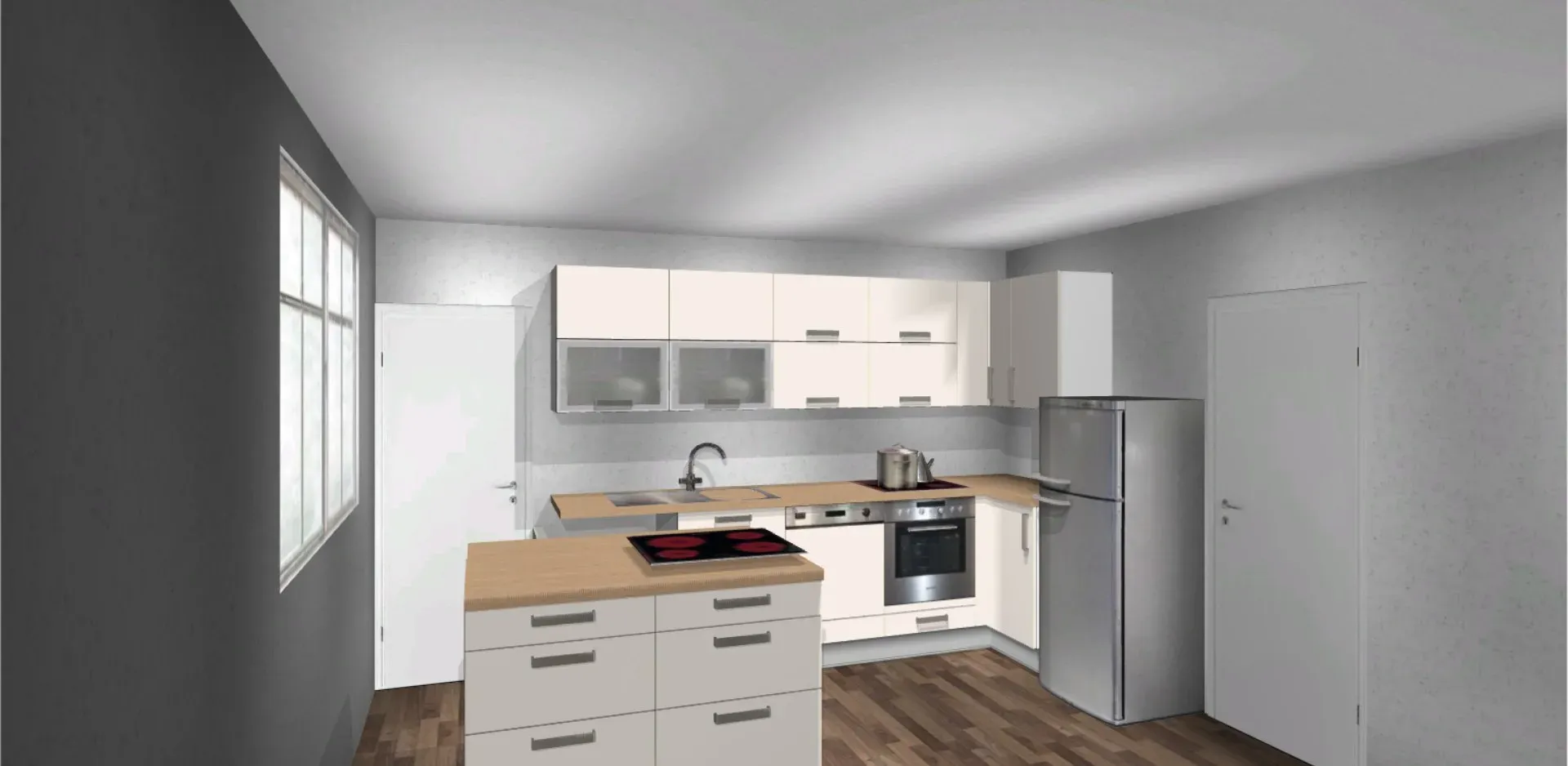 Původní 3D návrh téže bílé kuchyně s varnou deskou v ostrůvku