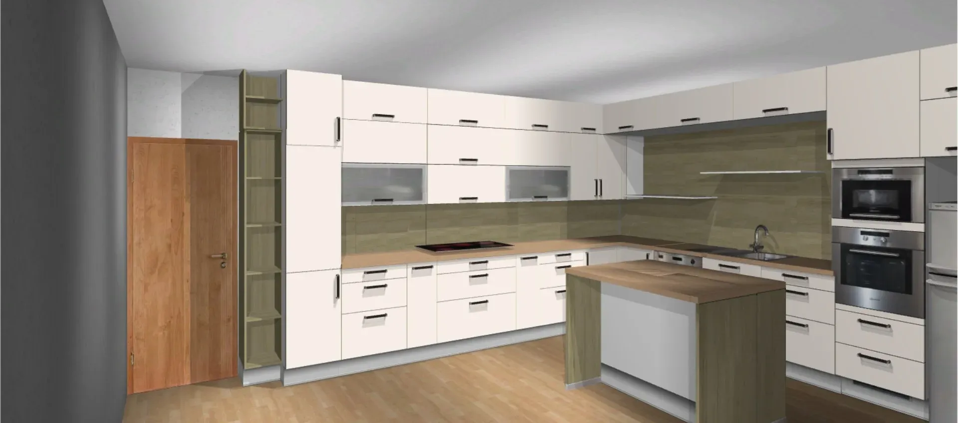 Původní 3D návrh téže kuchyně s&nbsp;ostrůvkem a&nbsp;regálem v&nbsp;rohu